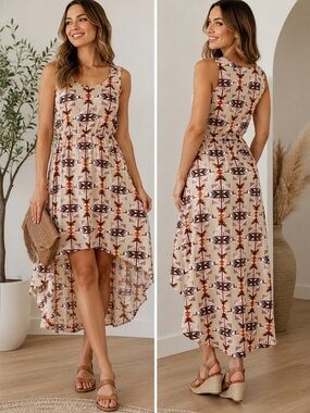 𝅺MAX C London beige geometric Aztec print sleeveless high low dress sz S